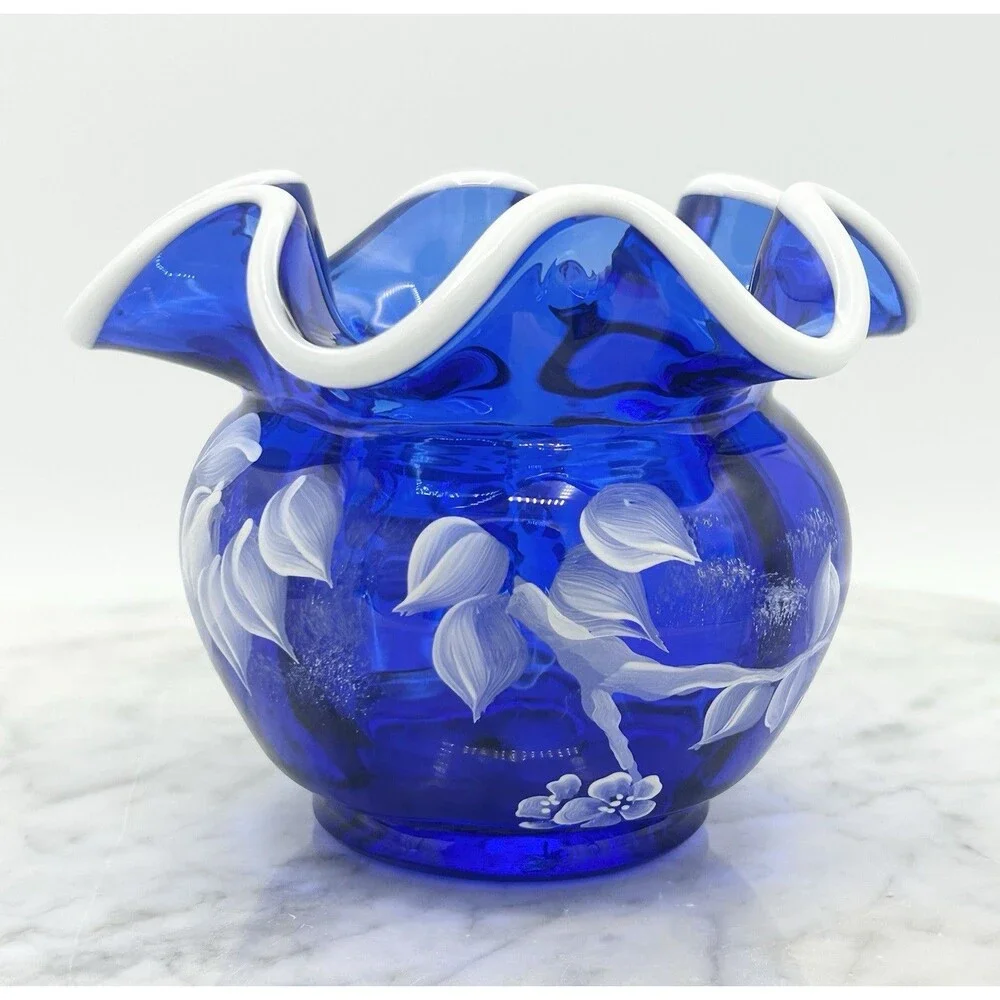 Fenton Cobalt Blue Snow Crest Rose Bowl Birds & Flowers Signed & Handpainted